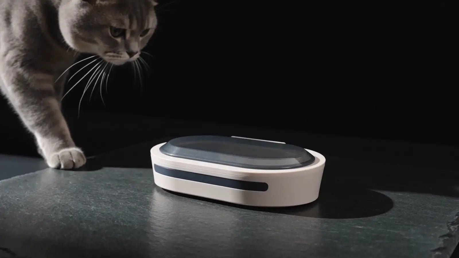 A British Shorthair walks toward a closed HAVN Node on a dark stone surface