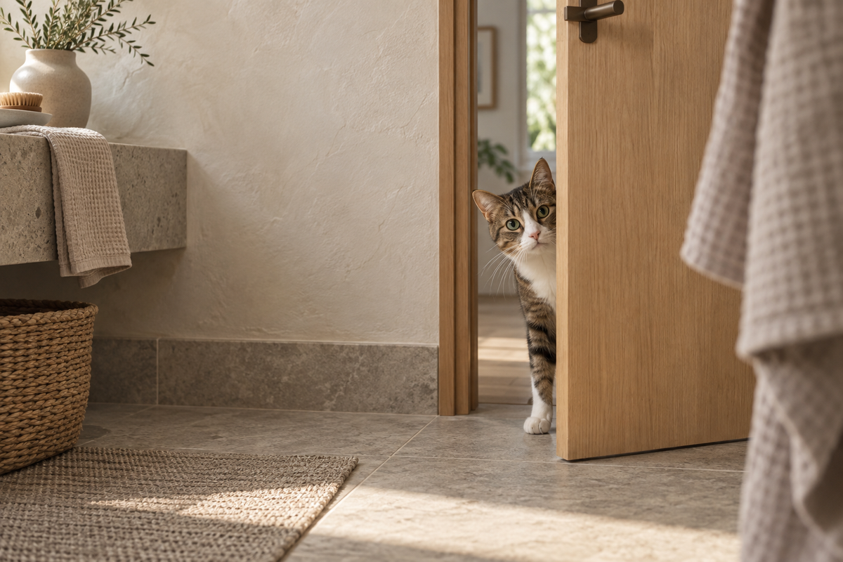 A curious cat peering around a partly open bathroom door