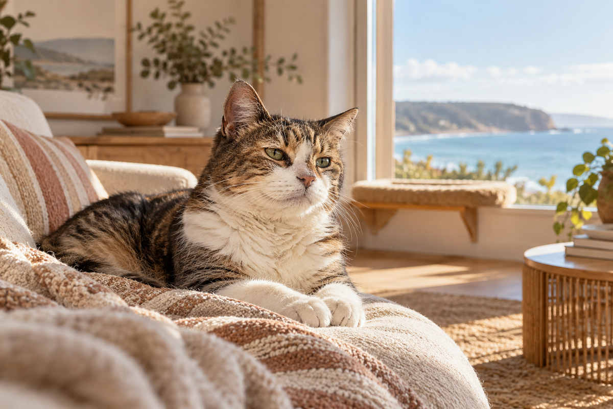 An elderly tabby cat resting in a warm, sunlit home