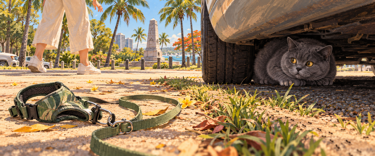 Editorial illustration of a blue-grey cat hiding beneath a parked car after slipping out of a harness on a hot Darwin street