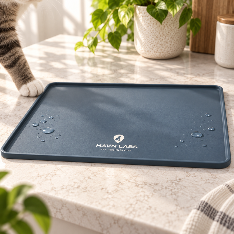 HAVN Plinth silicone feeding mat in HAVN Blue on a kitchen counter, water beading on its surface with a cat's paw alongside