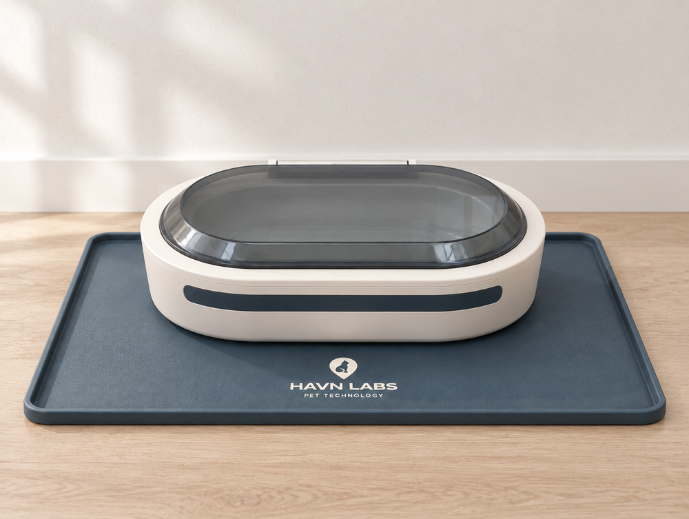 HAVN Node feeder sitting centred on the HAVN Plinth silicone feeding mat, showing the even margin of mat around the feeder